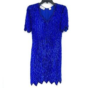Laurence Kazar Royal Blue Sequin Party Event Dress Size Medium Silk